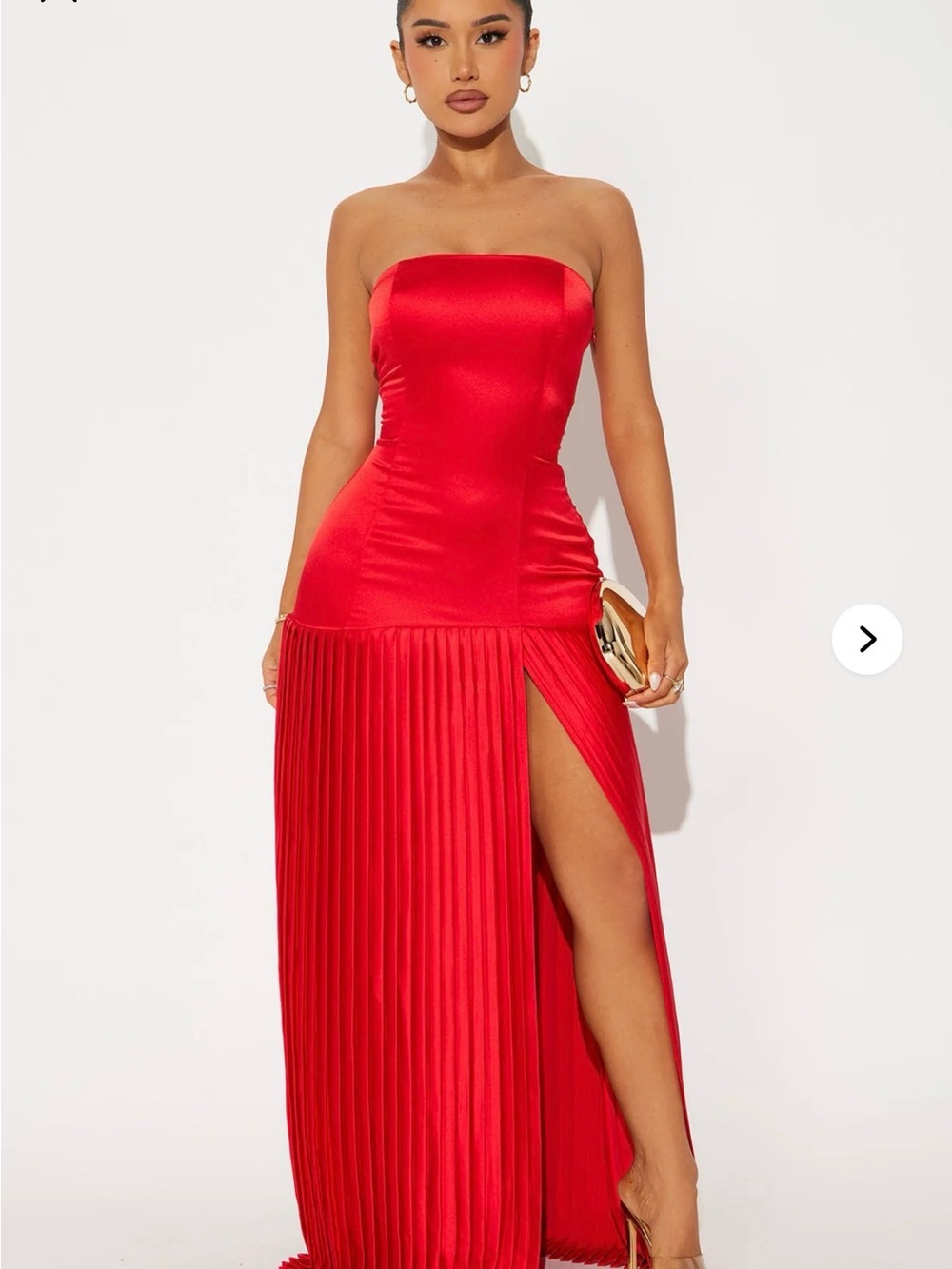 Fashion Nova Strapless Red Pleated Maxi Dress with High Slit